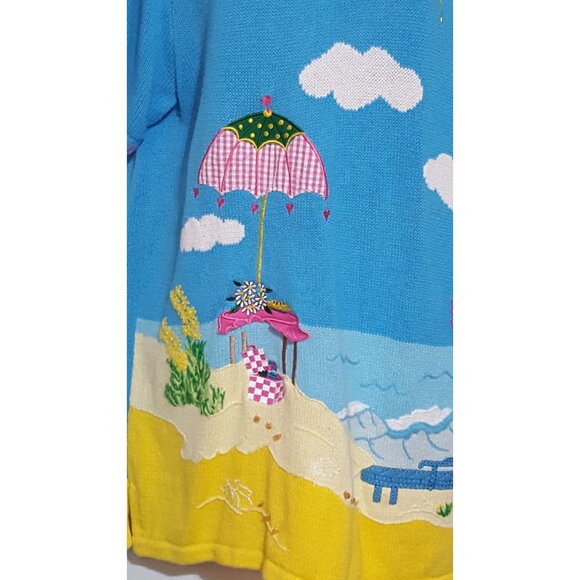 Quacker Factory Sweater Women's L Short-sleeve Pullover Appliqued Beach Blue - Picture 9 of 9